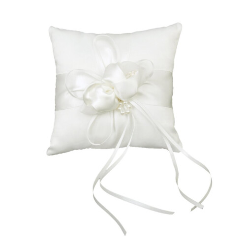 3Pz Cuscini Portafedi Da Cerimonia in Satin Con Perle E Fiore