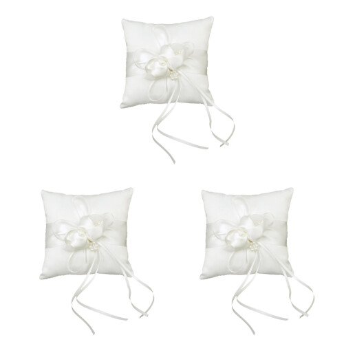 3Pz Cuscini Portafedi Da Cerimonia in Satin Con Perle E Fiore 1