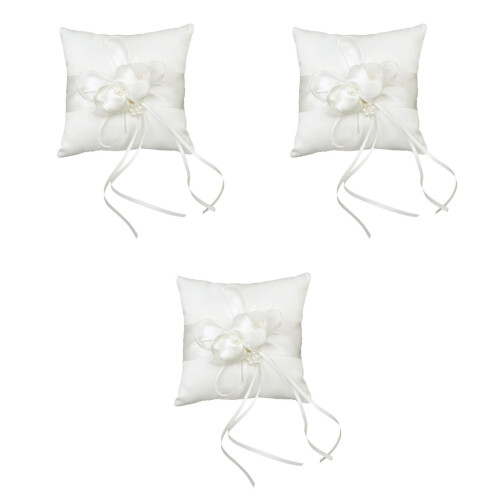 3Pz Cuscini Portafedi Da Cerimonia in Satin Con Perle E Fiore 2
