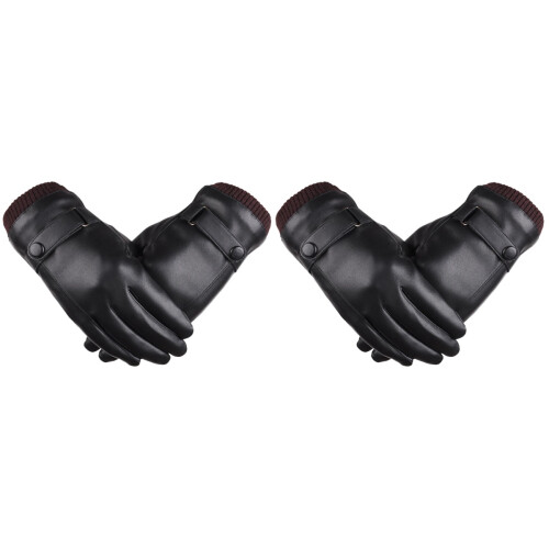 2Pcs Men Touchscreen Gloves Black PU Warm Driving Gloves 1