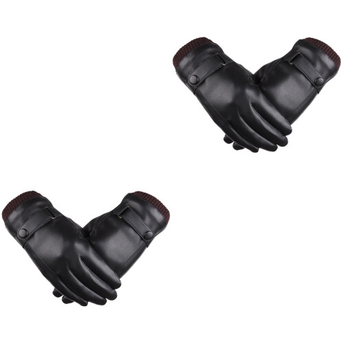 2Pcs Men Touchscreen Gloves Black PU Warm Driving Gloves 2