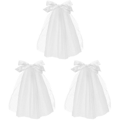 3St Witte Mesh Sluier Met Strik En Parelaccenten Bruiloft 1