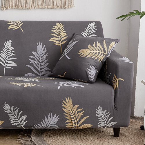 Elegante Blättermuster Elastischer Sofabezug für 2-Sitzersofa, Grau 2