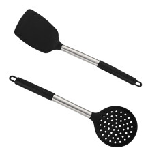 Escumadeira de silicone profissional de alta temperatura, segura para panelas antiaderentes, com design rústico contemporâneo e cabo de madeira
