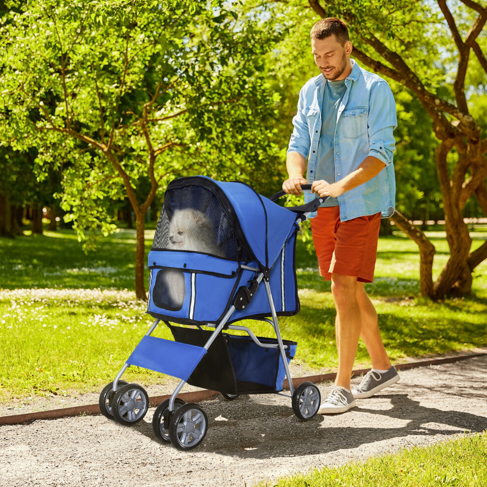 Pawhut Pet Stroller Carrier Foldable Deluxe Jogger Walk Travel Dog Cat Blue
