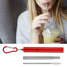 Wiederverwendbares ausziehbares Edelstahl-Strohhalm-Set mit rohem Aluminum-Etui & Bürste