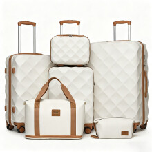 (Cream, 13/20/24/28 Inch+travel bag) 1 to 6 Pcs Luggage ABS Hard Shell Travel Suitcase Set with TSA Lock