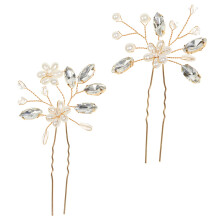 2Pcs Golden Bridal Hair Sticks Pearl Floral Hair Fork Wedding Hairpin