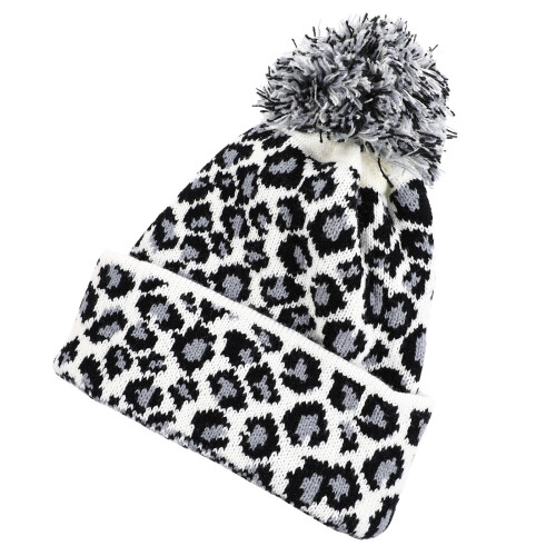 3St Damen Gestrickte Mütze Leopardendruck Weiß