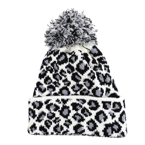 3St Damen Gestrickte Mütze Leopardendruck Weiß 1