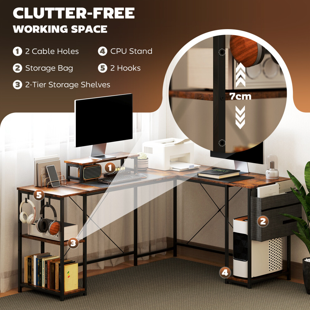 Industrial Corner Desk 168cm with Reversible L Shape Rustic Brown Finish Includes Monitor Stand Storage & Adjustable Shelf-image-OPC-PMWTD89-NEW