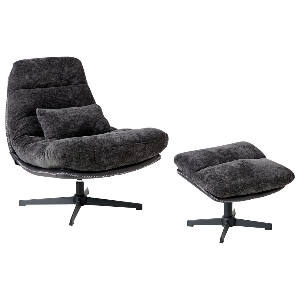 Swivel Armchair TOVIK with Footstool Chenille Black-image-OPC-PKVS65B-NEW