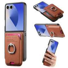(For Samsung Galaxy Z Flip7 5G, Brown) Twill Fabric Card Bag Ring Magnetic Back Phone Case