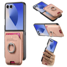 (For Samsung Galaxy Z Flip7 5G, Pink) Twill Fabric Card Bag Ring Magnetic Back Phone Case