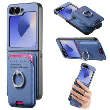 (For Samsung Galaxy Z Flip5 5G, Blue) Twill Fabric Card Bag Ring Magnetic Back Phone Case