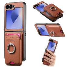 (For Samsung Galaxy Z Flip6 5G, Brown) Twill Fabric Card Bag Ring Magnetic Back Phone Case