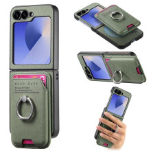 (For Samsung Galaxy Z Flip5 5G, Green) Twill Fabric Card Bag Ring Magnetic Back Phone Case