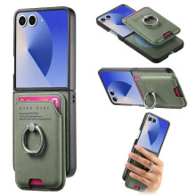 (For Samsung Galaxy Z Flip7 5G, Green) Twill Fabric Card Bag Ring Magnetic Back Phone Case