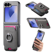 (For Samsung Galaxy Z Flip5 5G, Gray) Twill Fabric Card Bag Ring Magnetic Back Phone Case