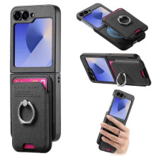 (For Samsung Galaxy Z Flip5 5G, Black) Twill Fabric Card Bag Ring Magnetic Back Phone Case