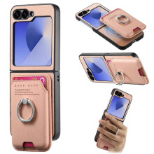 (For Samsung Galaxy Z Flip5 5G, Pink) Twill Fabric Card Bag Ring Magnetic Back Phone Case