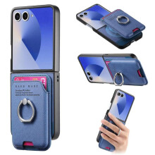 (For Samsung Galaxy Z Flip7 5G, Blue) Twill Fabric Card Bag Ring Magnetic Back Phone Case