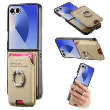(For Samsung Galaxy Z Flip7 5G, Khaki) Twill Fabric Card Bag Ring Magnetic Back Phone Case