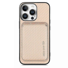 (Apricot) For Iphone 16 Pro Case Carbon Fiber Leather Back Cover With Detachable Card Bag - Brown
