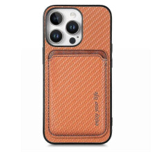 (Brown) For Iphone 16 Pro Case Carbon Fiber Leather Back Cover With Detachable Card Bag - Brown