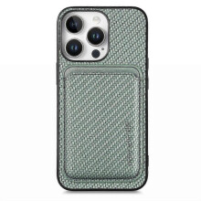 (Green) For Iphone 16 Pro Case Carbon Fiber Leather Back Cover With Detachable Card Bag - Brown