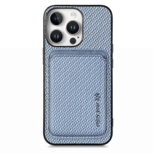 (Blue) For Iphone 16 Pro Case Carbon Fiber Leather Back Cover With Detachable Card Bag - Brown