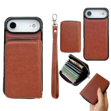 (Brown) For iPhone Air Case Detachable Zipper Card Bag PU TPU Kickstand Phone Case with Strap