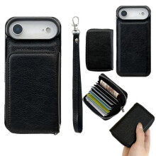 (Black) For iPhone Air Case Detachable Zipper Card Bag PU TPU Kickstand Phone Case with Strap