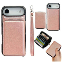 (Rose Gold) For iPhone Air Case Detachable Zipper Card Bag PU TPU Kickstand Phone Case with Strap