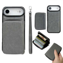 (Grey) For iPhone Air Case Detachable Zipper Card Bag PU TPU Kickstand Phone Case with Strap