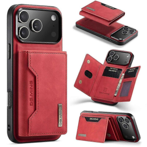 (For iPhone 17 Pro, Red) DG.MING M2 Series 3-Fold Card Bag Wallet Leather Phone Case