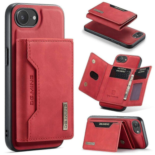 (For iPhone 16e, Red) DG.MING M2 Series 3-Fold Card Bag Wallet Leather Phone Case
