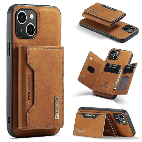 (For iPhone 15 Plus, Brown) DG.MING M2 Series 3-Fold Card Bag Wallet Leather Phone Case