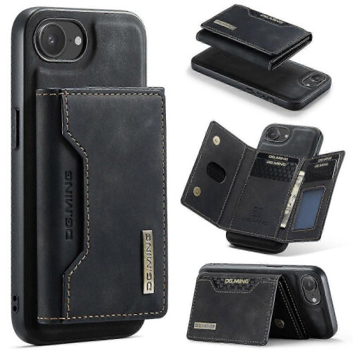 (For iPhone 16e, Black) DG.MING M2 Series 3-Fold Card Bag Wallet Leather Phone Case