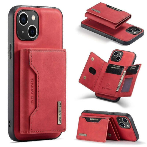 (For iPhone 15 Plus, Red) DG.MING M2 Series 3-Fold Card Bag Wallet Leather Phone Case