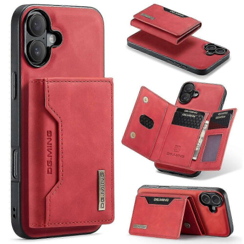 (For iPhone 16, Red) DG.MING M2 Series 3-Fold Card Bag Wallet Leather Phone Case