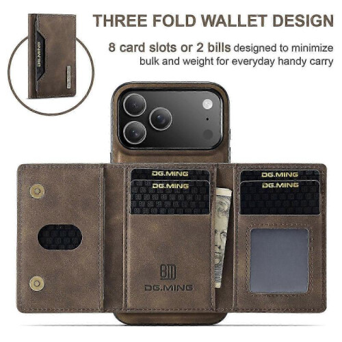 (For iPhone 17 Pro Max, Coffee) DG.MING M2 Series 3-Fold Card Bag Wallet Leather Phone Case 2
