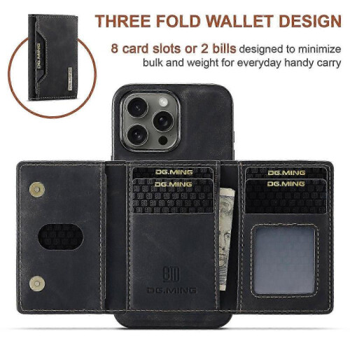 (For iPhone 16 Pro Max, Black) DG.MING M2 Series 3-Fold Card Bag Wallet Leather Phone Case 1