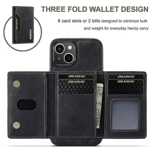 (For iPhone 15, Black) DG.MING M2 Series 3-Fold Card Bag Wallet Leather Phone Case 1