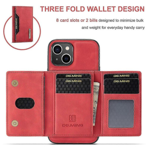 (For iPhone 15 Plus, Red) DG.MING M2 Series 3-Fold Card Bag Wallet Leather Phone Case 1