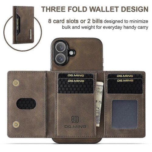 (For iPhone 16 Plus, Coffee) DG.MING M2 Series 3-Fold Card Bag Wallet Leather Phone Case 1