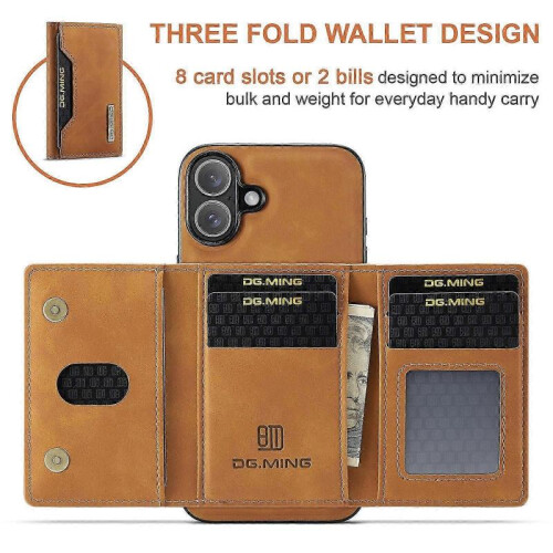 (For iPhone 16 Plus, Brown) DG.MING M2 Series 3-Fold Card Bag Wallet Leather Phone Case 1