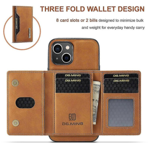 (For iPhone 15 Plus, Brown) DG.MING M2 Series 3-Fold Card Bag Wallet Leather Phone Case 1