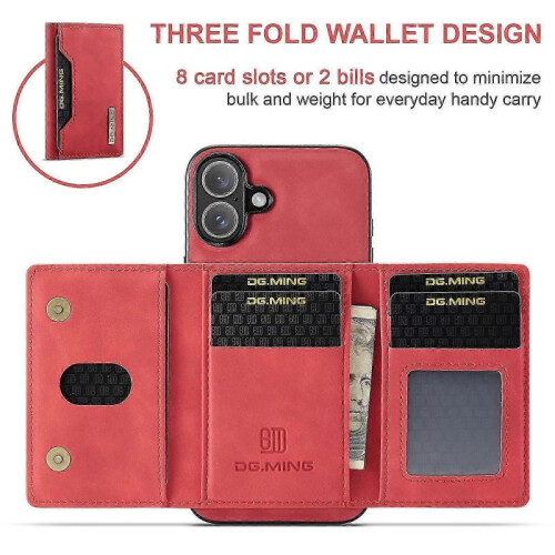 (For iPhone 16 Plus, Red) DG.MING M2 Series 3-Fold Card Bag Wallet Leather Phone Case 1