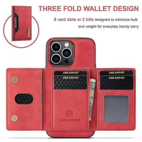 (For iPhone 15 Pro Max, Red) DG.MING M2 Series 3-Fold Card Bag Wallet Leather Phone Case 1